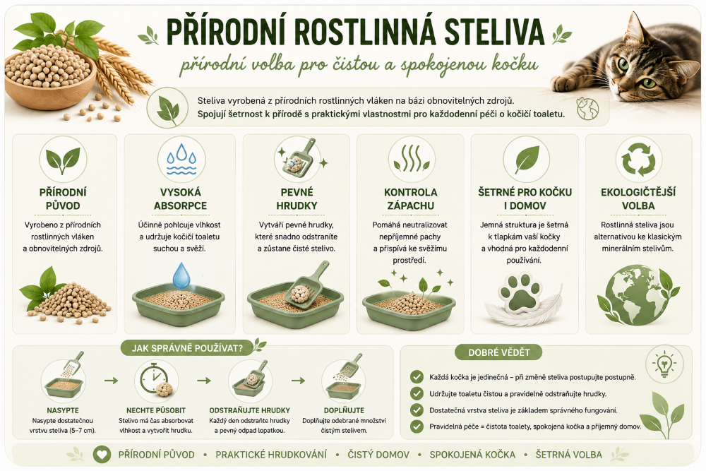 Přírodní rostlinná steliva pro spokojenou kočku